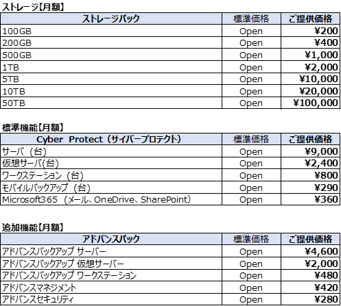 KSGバックアップ & セキュリティ 価格表